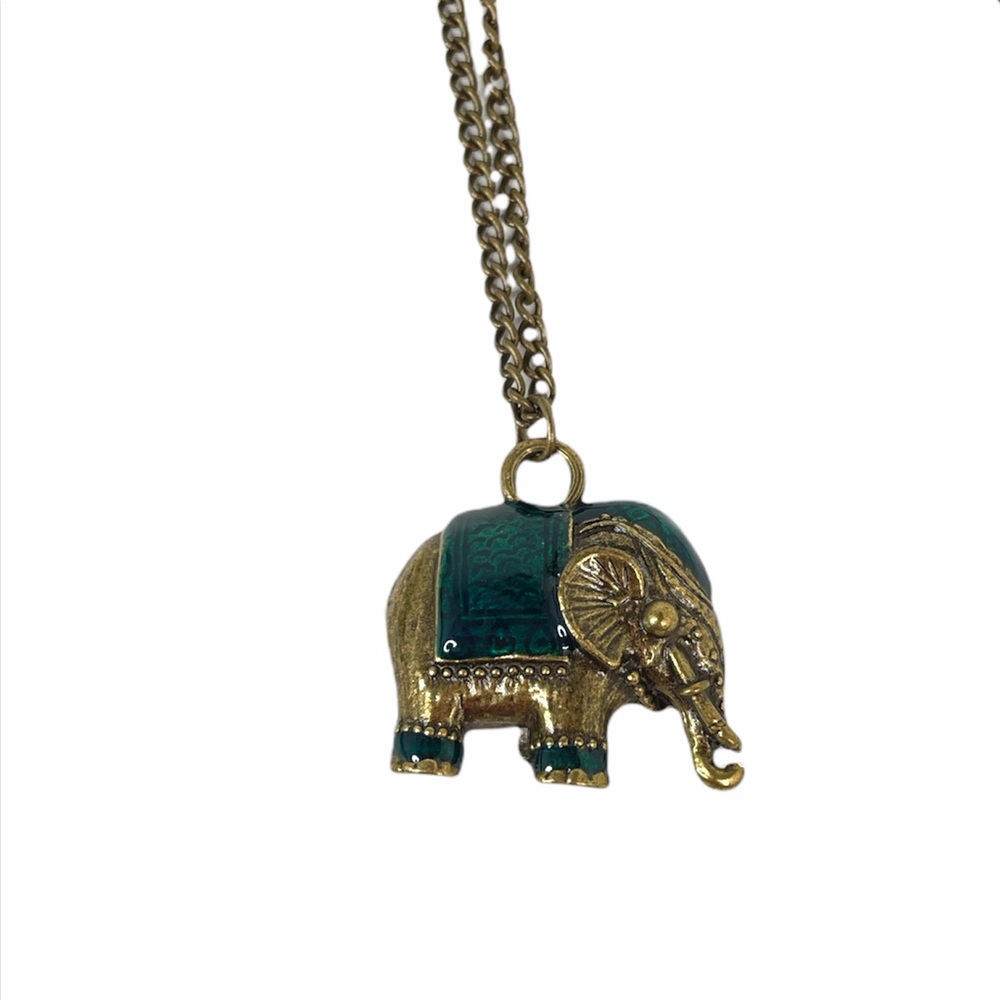 Lucky Elephant Enamel Necklace, Brass, Green